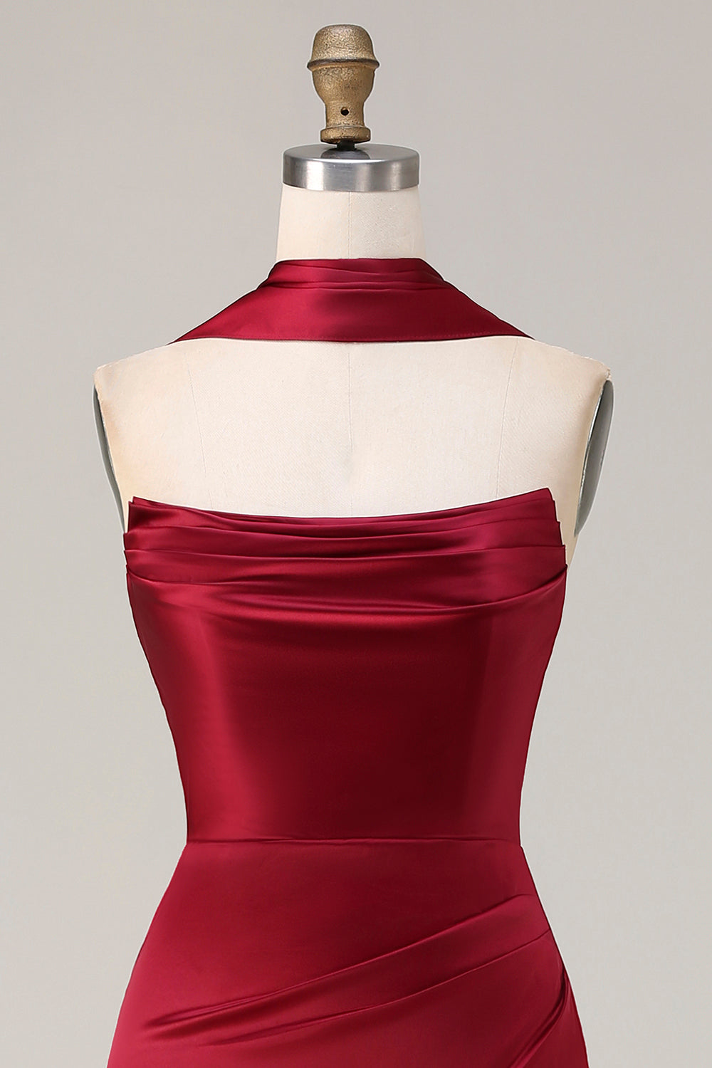 Burgundy Satin Mermaid Neck Scarf Ruched Long Prom Dress