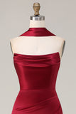 Burgundy Satin Mermaid Neck Scarf Ruched Long Prom Dress