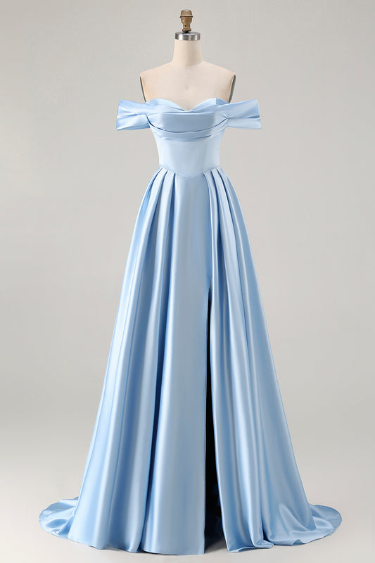 Blue Satin A Line Off the Shoulder Long Bridesmaid Dress with Slit