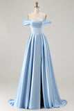 Blue Satin A Line Off the Shoulder Long Bridesmaid Dress with Slit