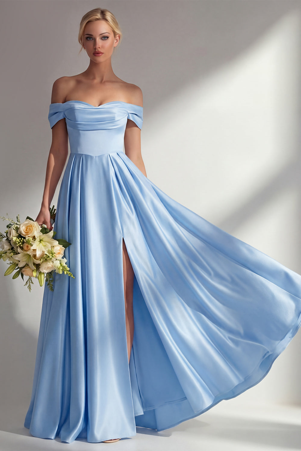 A Line Light Green Satin Off the Shoulder Corset Long Bridesmaid Dress