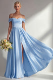 A Line Light Green Satin Off the Shoulder Corset Long Bridesmaid Dress
