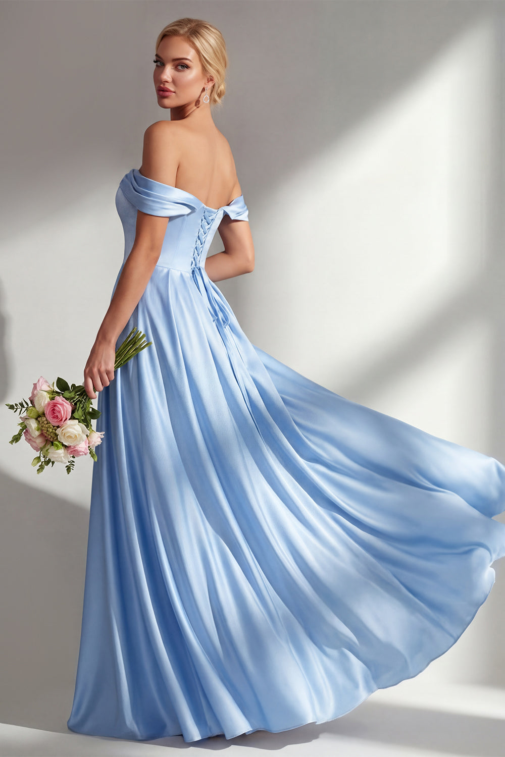 A Line Light Green Satin Off the Shoulder Corset Long Bridesmaid Dress
