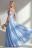 A Line Light Green Satin Off the Shoulder Corset Long Bridesmaid Dress