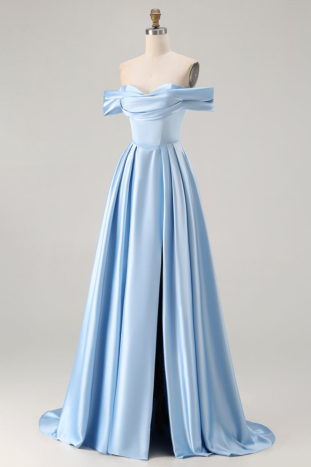 Blue Satin A Line Off the Shoulder Long Bridesmaid Dress with Slit