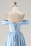 Blue Satin A Line Off the Shoulder Long Bridesmaid Dress with Slit