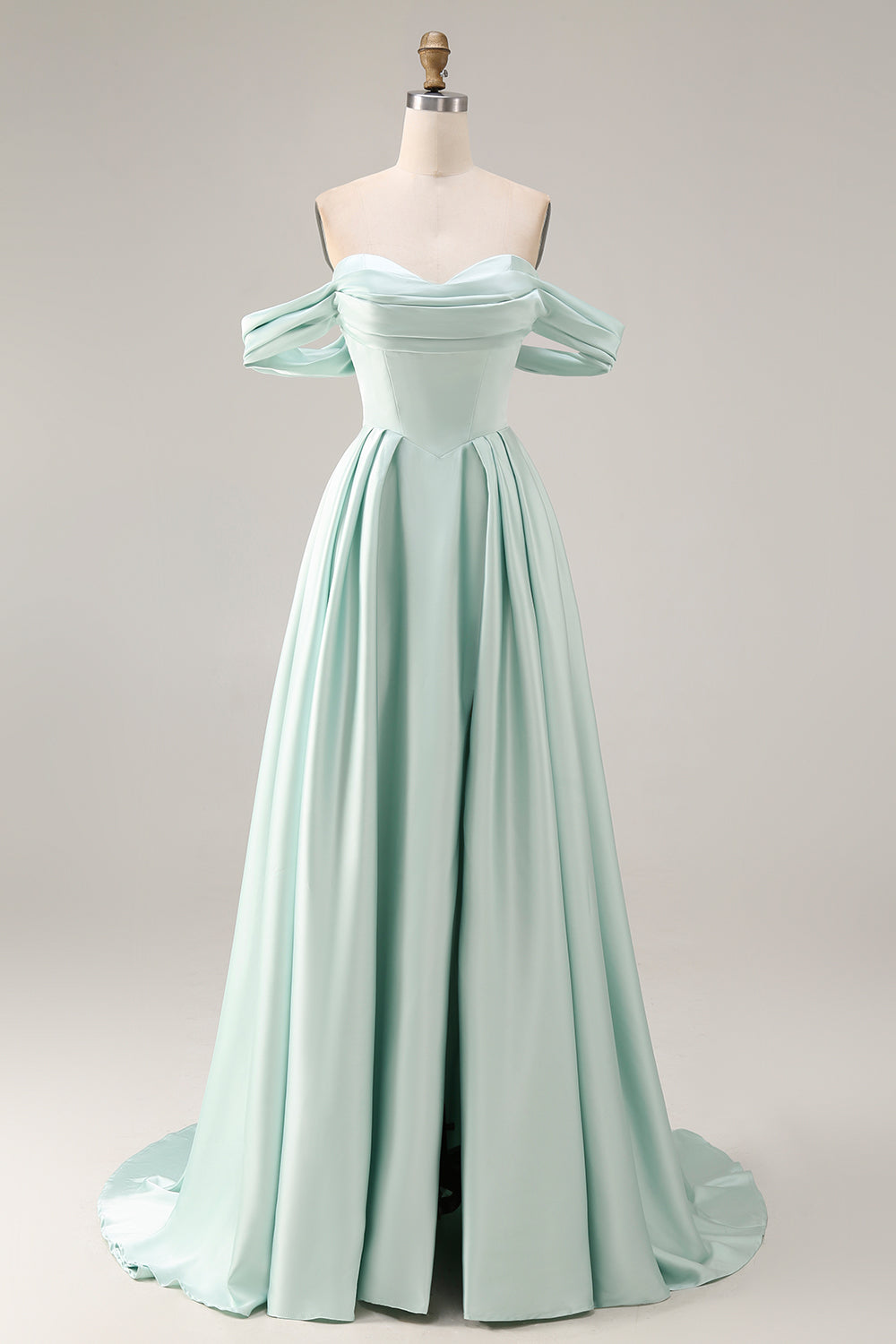 A Line Light Green Satin Off the Shoulder Corset Long Bridesmaid Dress