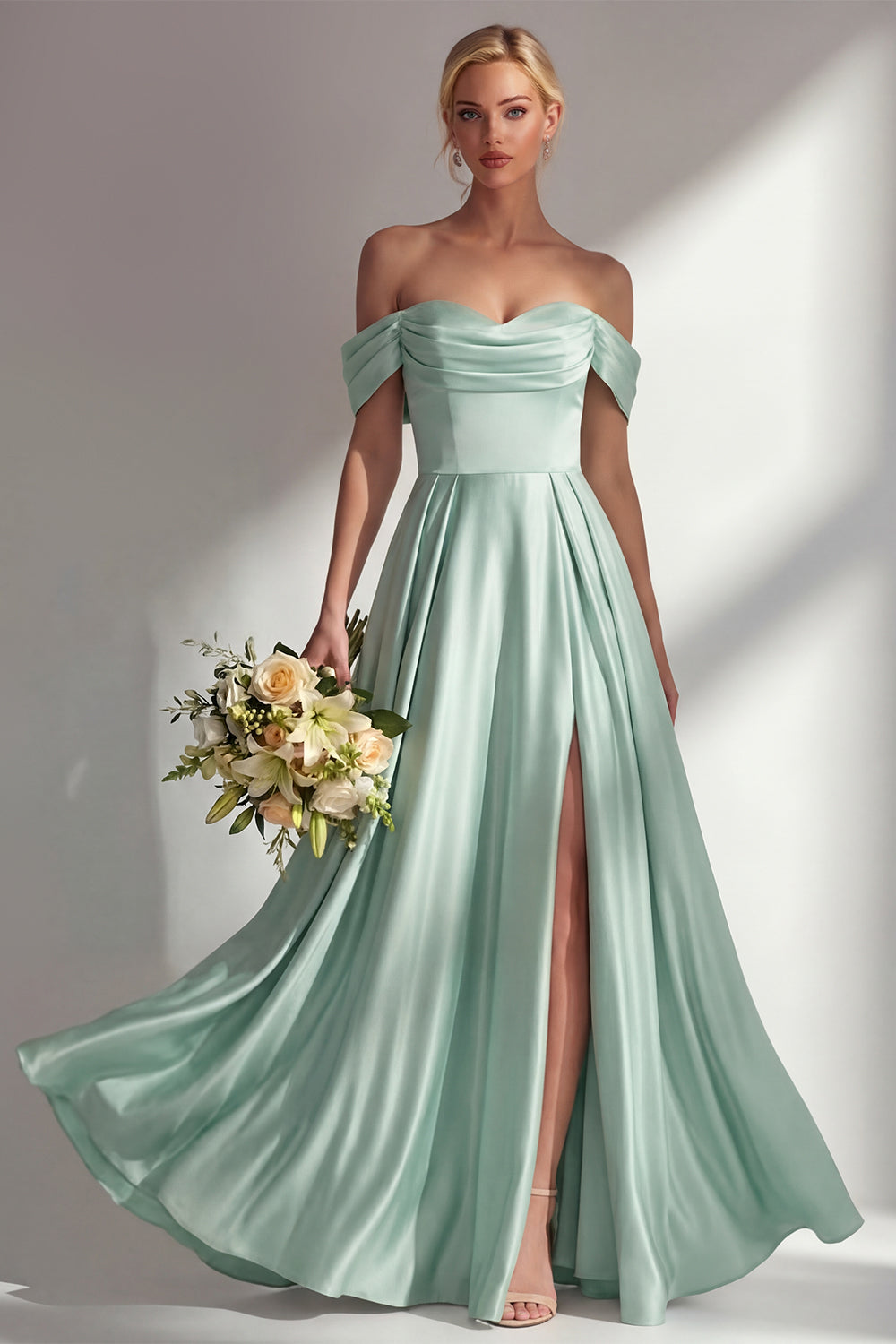 A Line Light Green Satin Off the Shoulder Corset Long Bridesmaid Dress
