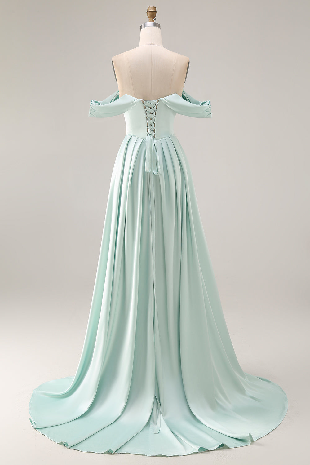 A Line Light Green Satin Off the Shoulder Corset Long Bridesmaid Dress