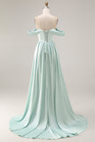 A Line Light Green Satin Off the Shoulder Corset Long Bridesmaid Dress