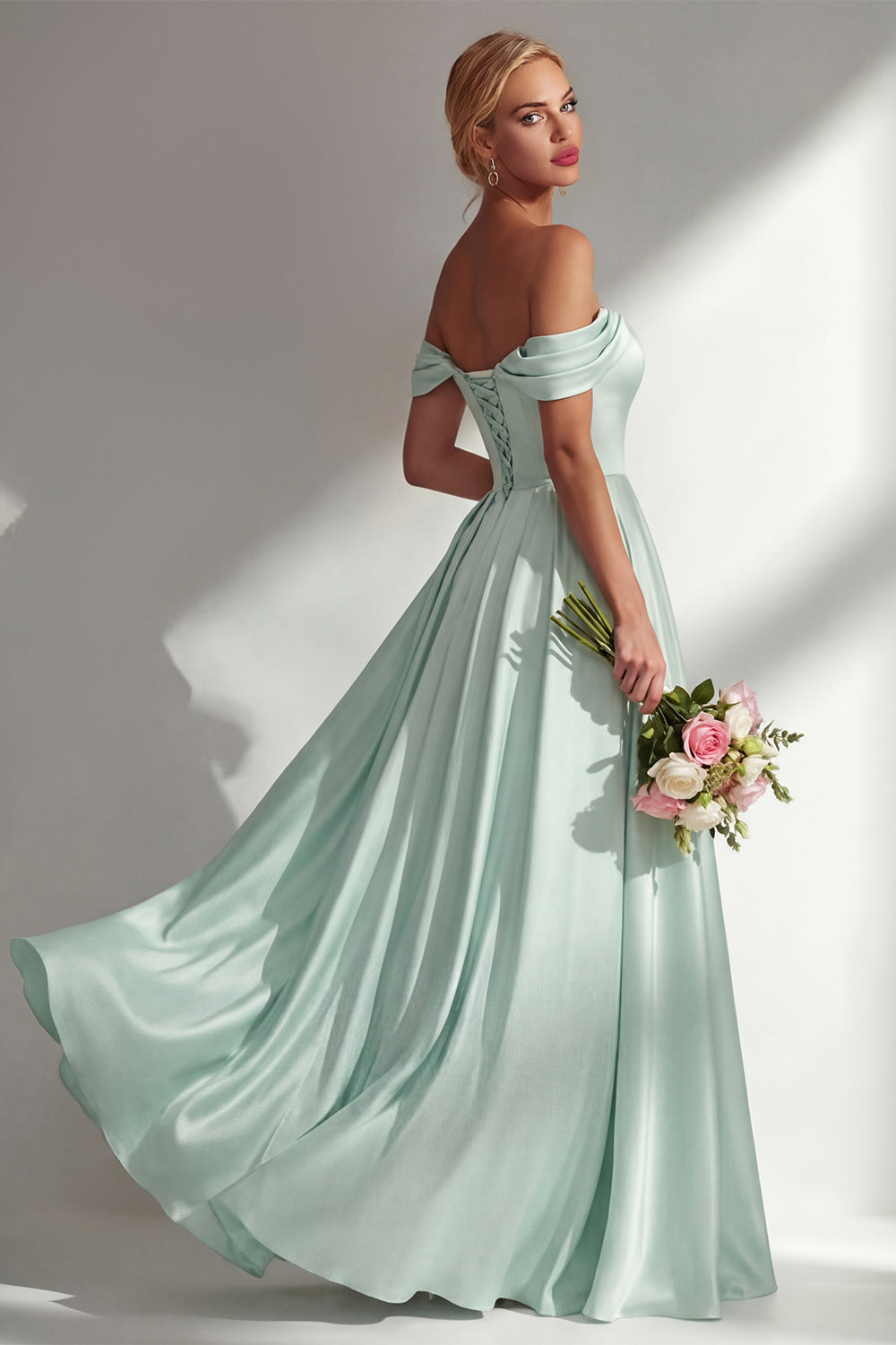 A Line Light Green Satin Off the Shoulder Corset Long Bridesmaid Dress