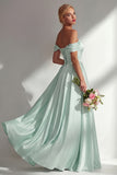 A Line Light Green Satin Off the Shoulder Corset Long Bridesmaid Dress