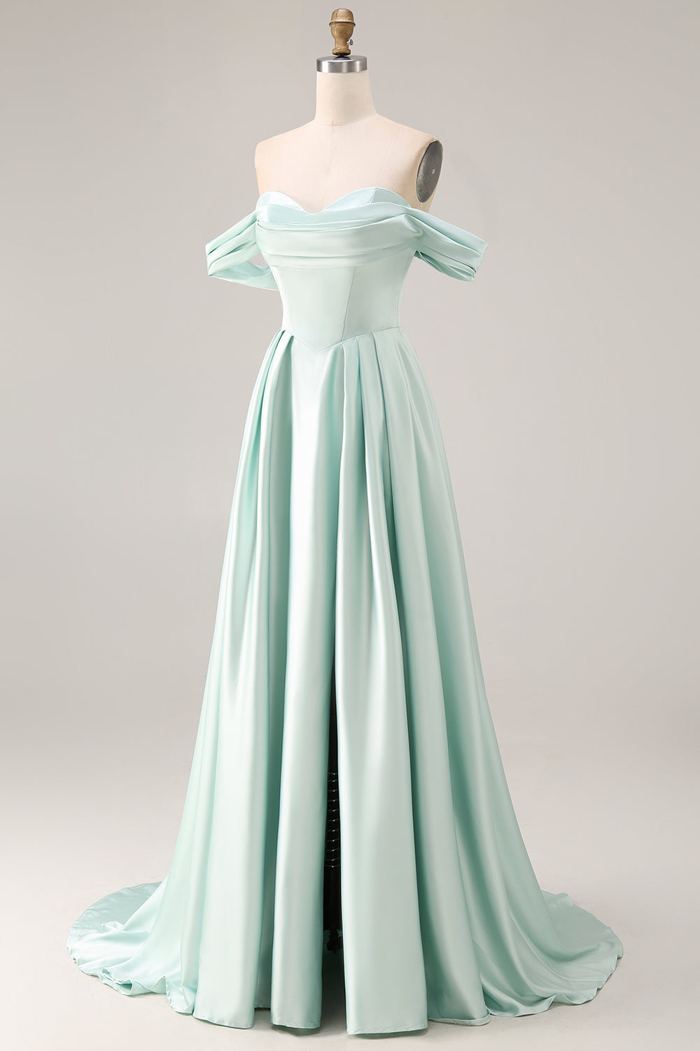 A Line Light Green Satin Off the Shoulder Corset Long Bridesmaid Dress