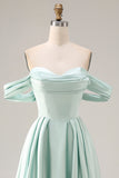 A Line Light Green Satin Off the Shoulder Corset Long Bridesmaid Dress