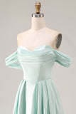 A Line Light Green Satin Off the Shoulder Corset Long Bridesmaid Dress