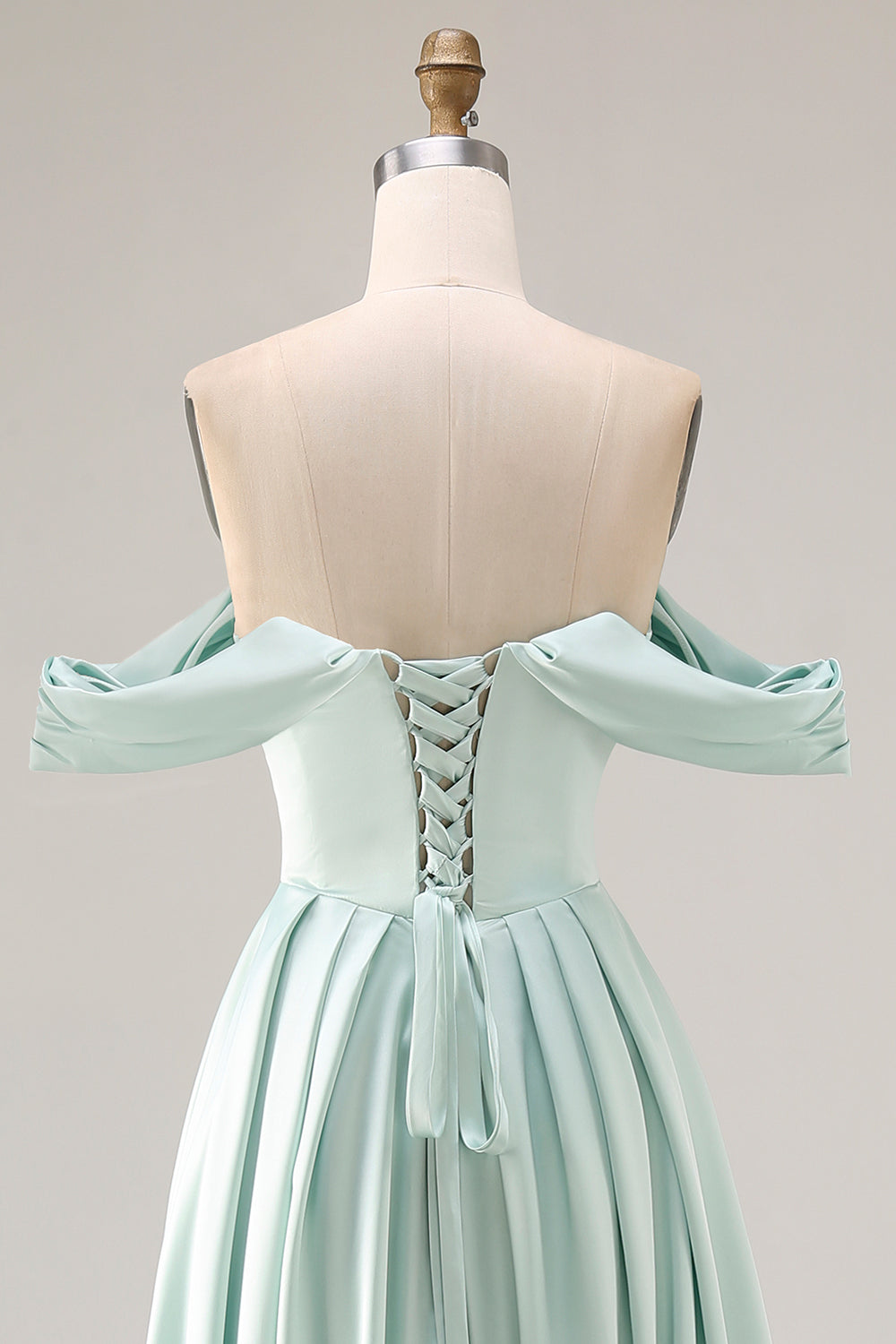 A Line Light Green Satin Off the Shoulder Corset Long Bridesmaid Dress