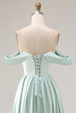 A Line Light Green Satin Off the Shoulder Corset Long Bridesmaid Dress