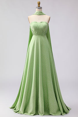 Green White Polka Dots A Line Neck Scarf Long Bridesmaid Dress