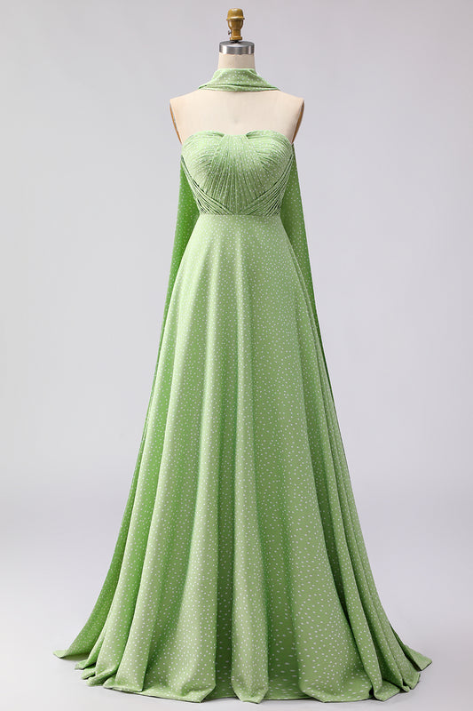 Green White Polka Dots A Line Neck Scarf Long Bridesmaid Dress