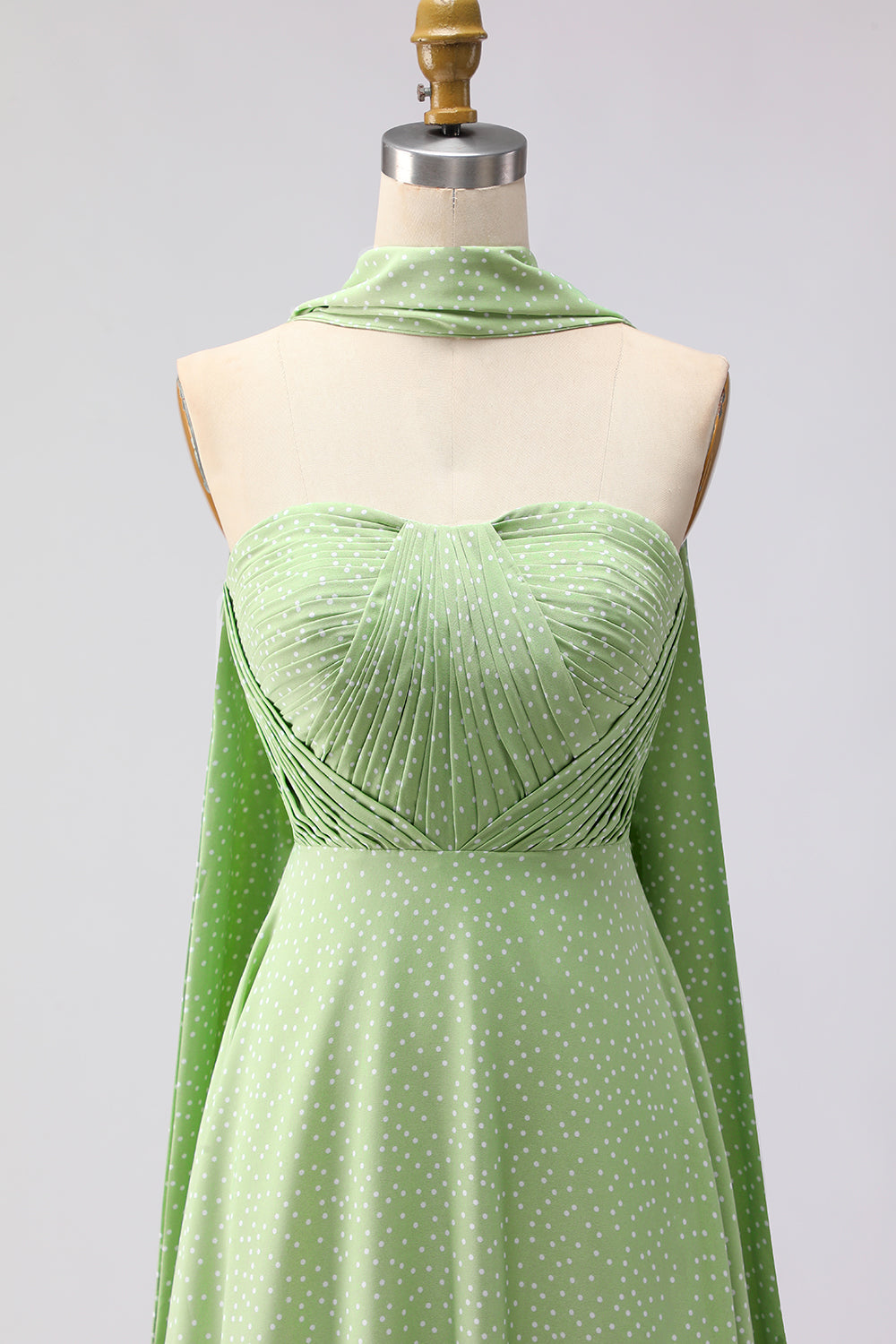 Green White Polka Dots A Line Neck Scarf Long Bridesmaid Dress
