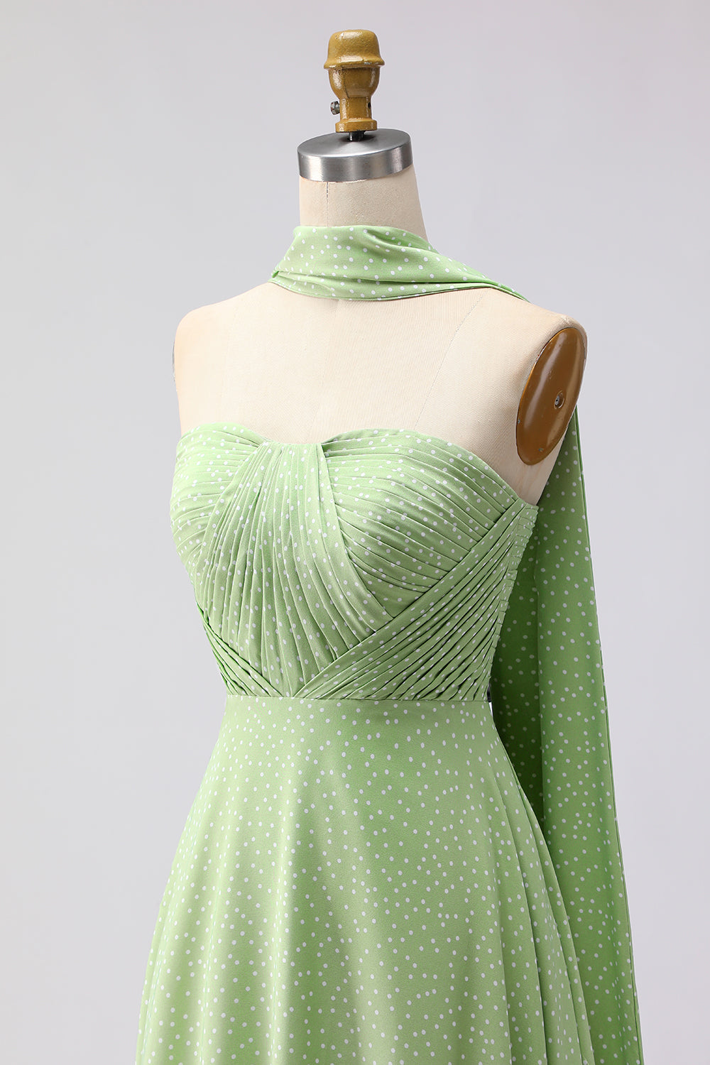 Green White Polka Dots A Line Neck Scarf Long Bridesmaid Dress
