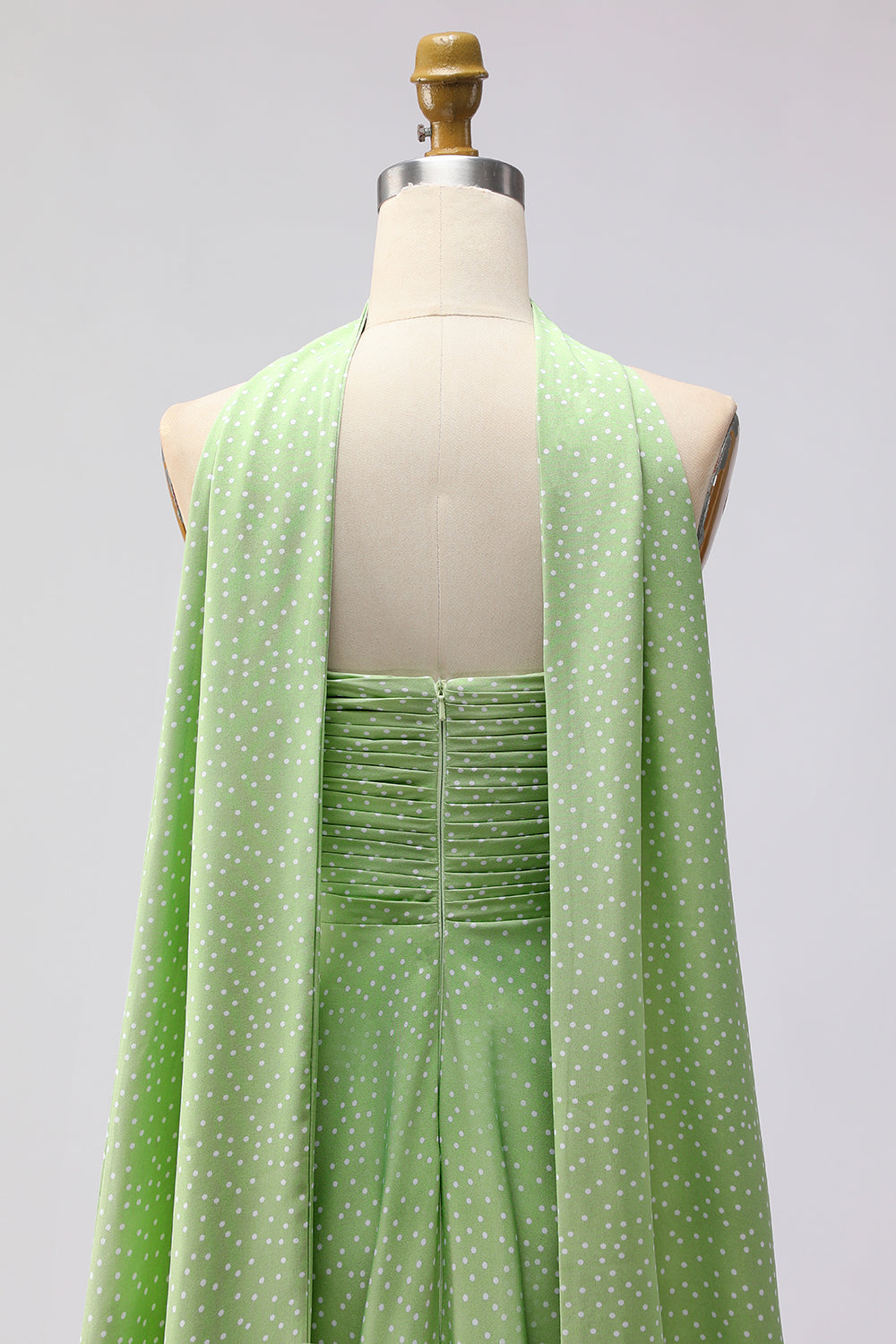 Green White Polka Dots A Line Neck Scarf Long Bridesmaid Dress