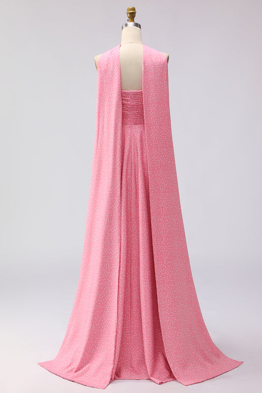 Pink White Polka Dots Neck Scarf A Line Long Bridesmaid Dress