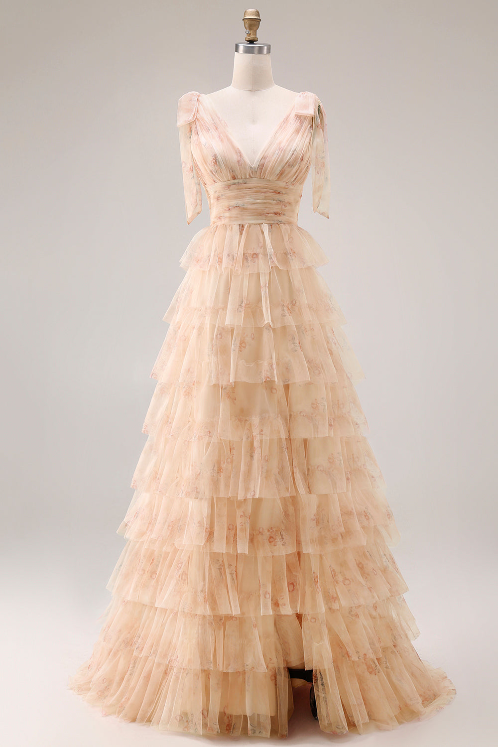 Champagne Floral A Line Tiered Tulle Long Prom Dress with Slit