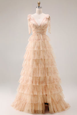 Champagne Floral A Line Tiered Tulle Long Prom Dress with Slit