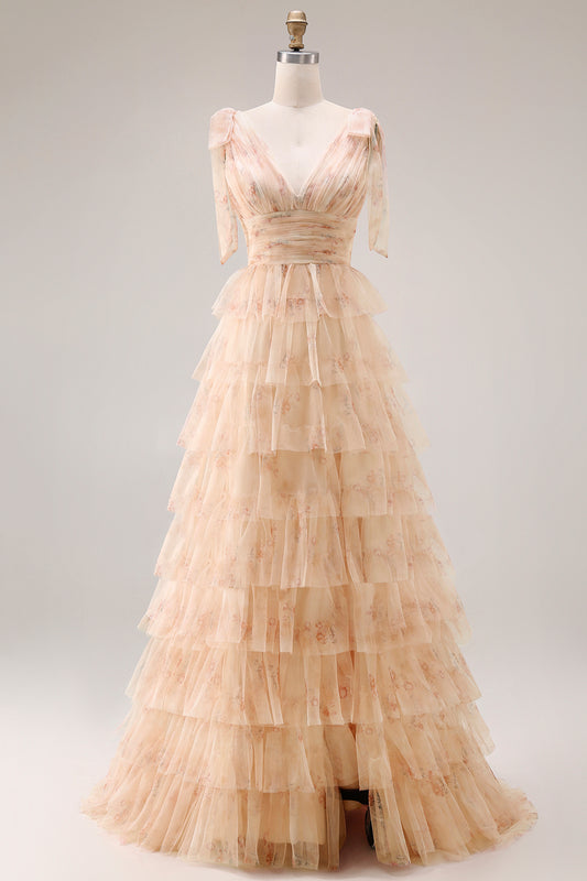 Champagne Floral A Line Tiered Tulle Long Prom Dress with Slit