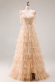 Champagne Floral A Line Tiered Tulle Long Prom Dress with Slit