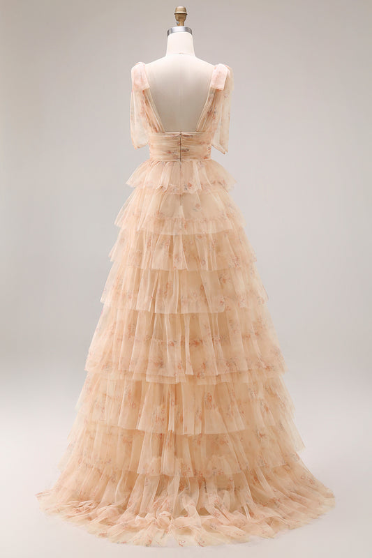 Champagne Floral A Line Tiered Tulle Long Prom Dress with Slit