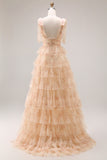 Champagne Floral A Line Tiered Tulle Long Prom Dress with Slit