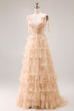 Champagne Floral A Line Tiered Tulle Long Prom Dress with Slit