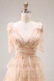 Champagne Floral A Line Tiered Tulle Long Prom Dress with Slit