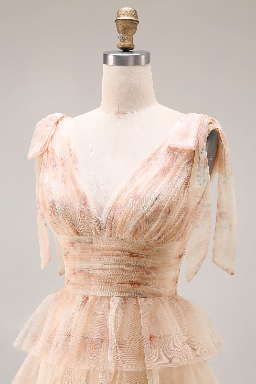 Champagne Floral A Line Tiered Tulle Long Prom Dress with Slit