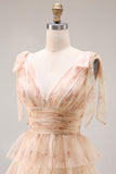 Champagne Floral A Line Tiered Tulle Long Prom Dress with Slit
