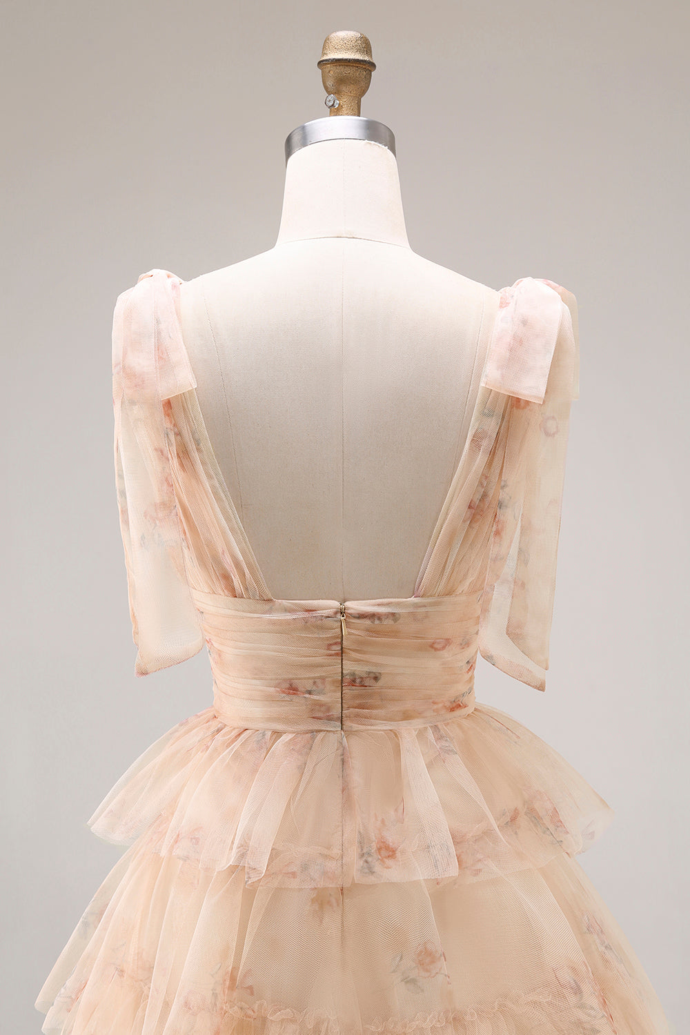 Champagne Floral A Line Tiered Tulle Long Prom Dress with Slit