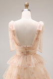 Champagne Floral A Line Tiered Tulle Long Prom Dress with Slit