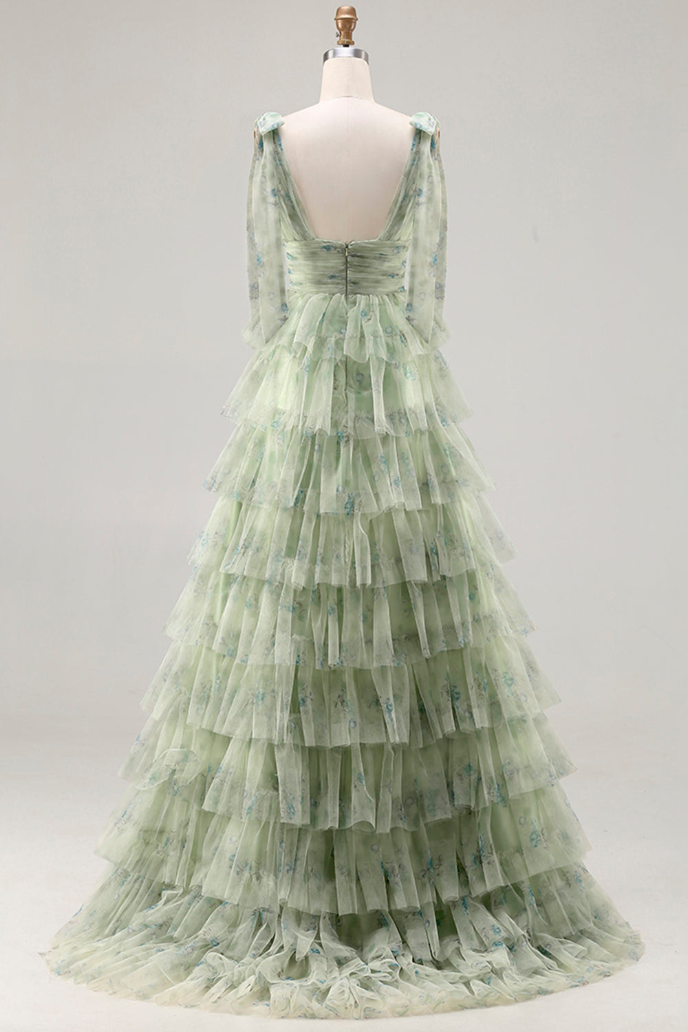 Green Floral Tulle A Line Tiered Long Prom Dress with Slit