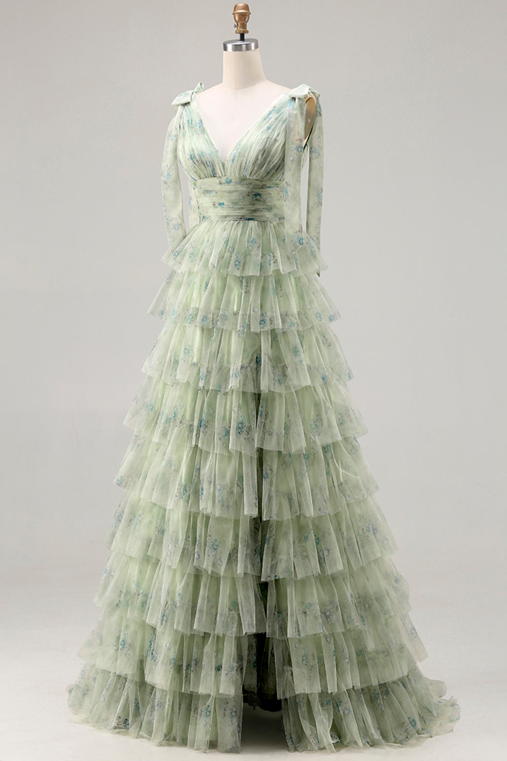 Green Floral Tulle A Line Tiered Long Prom Dress with Slit