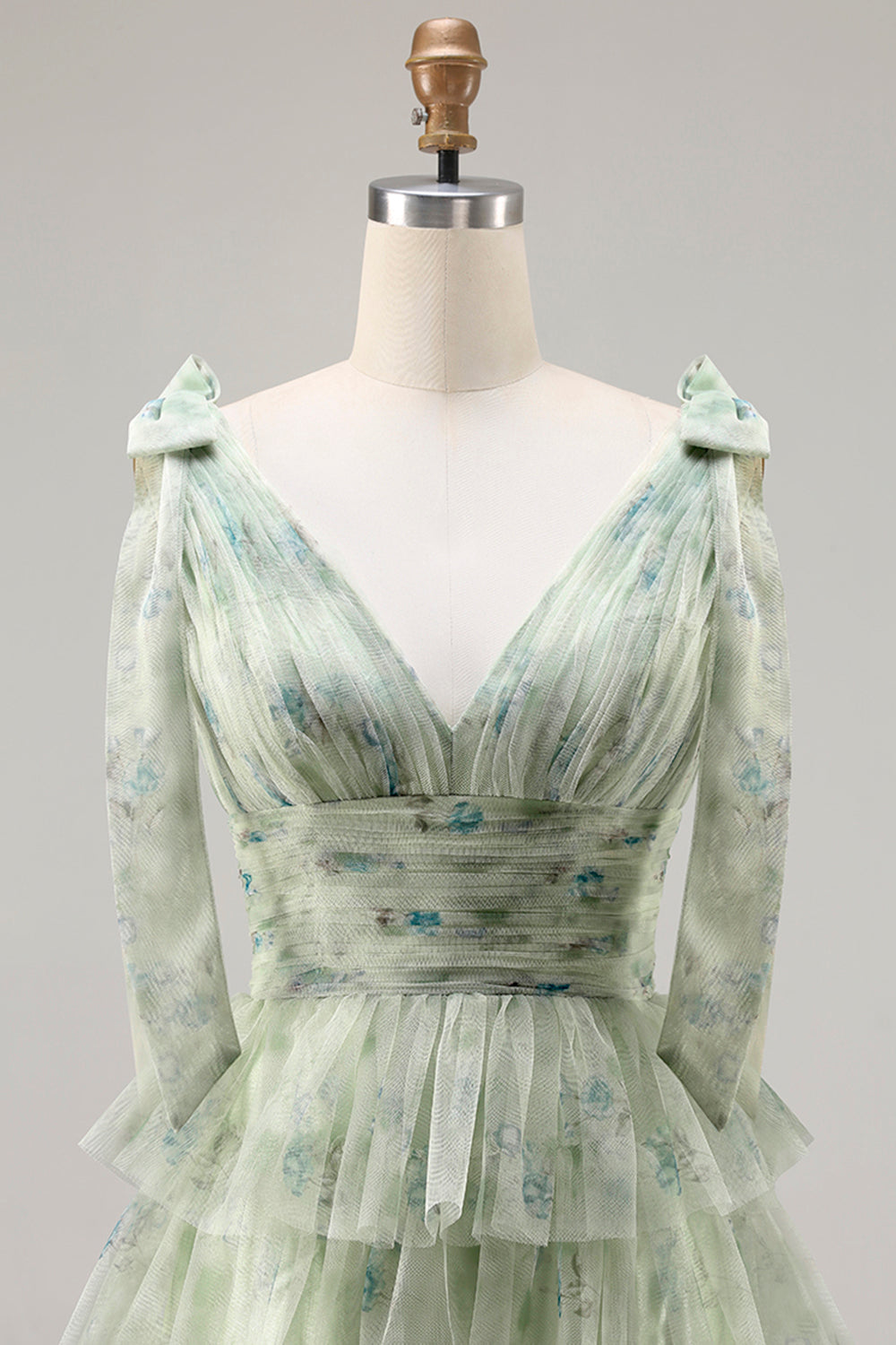 Green Floral Tulle A Line Tiered Long Prom Dress with Slit