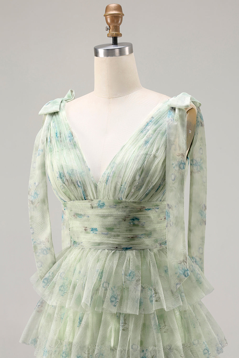 Green Floral Tulle A Line Tiered Long Prom Dress with Slit