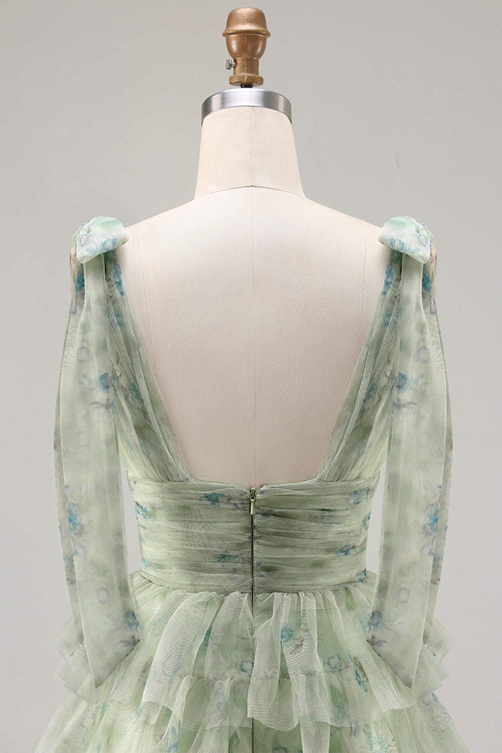 Green Floral Tulle A Line Tiered Long Prom Dress with Slit