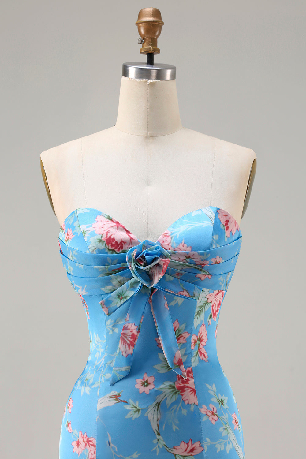 Floral Blue Pink Mermaid Sweetheart Long Prom Dress with Ruffles