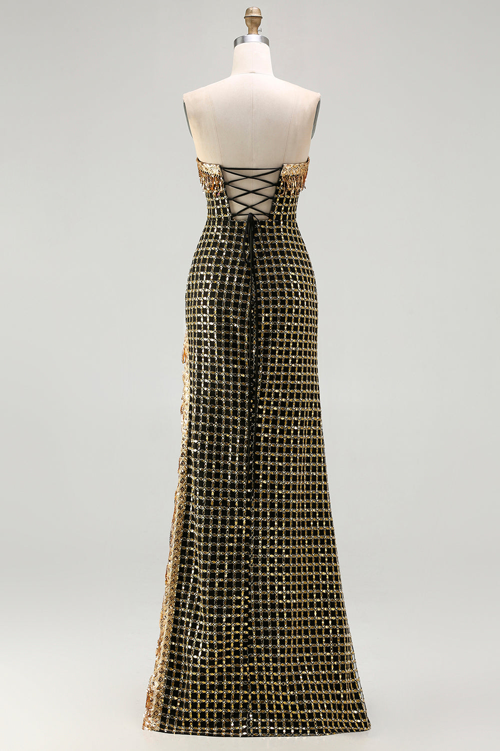 Sparkly Black and Golden Strapless Beaded Long Prom Dress with Slit