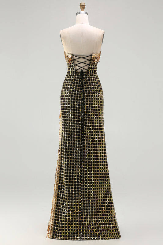 Sparkly Black and Golden Strapless Beaded Long Prom Dress with Slit