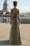 Sparkly Black and Golden Strapless Beaded Long Prom Dress with Slit