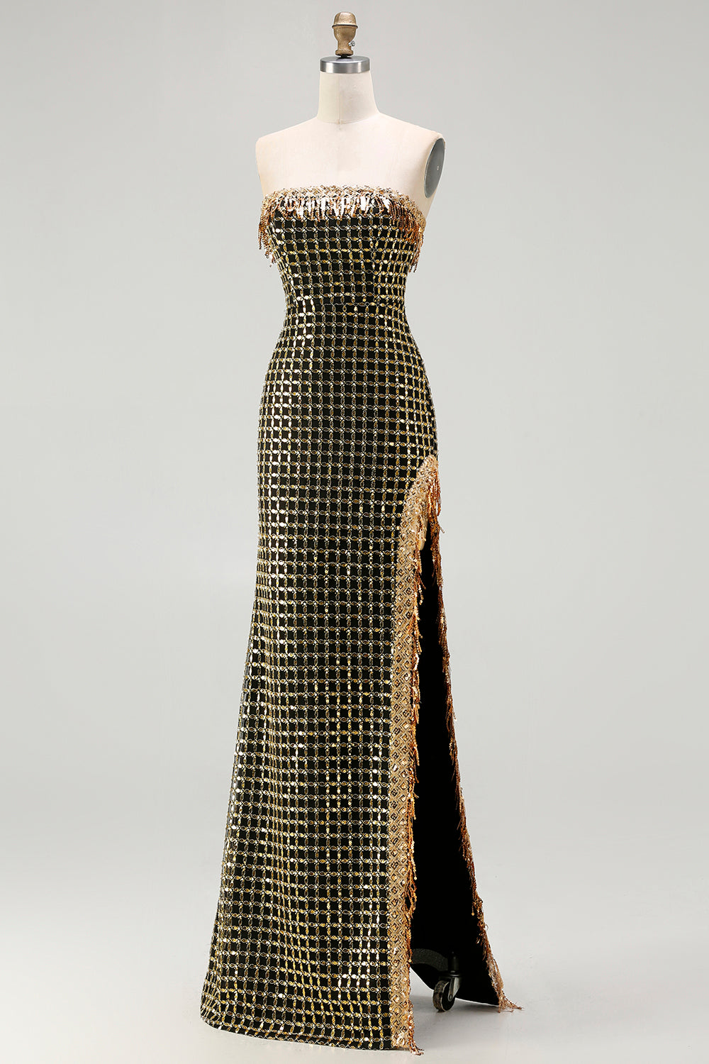 Sparkly Black and Golden Strapless Beaded Long Prom Dress with Slit