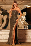 Sparkly Black and Golden Strapless Beaded Long Prom Dress with Slit